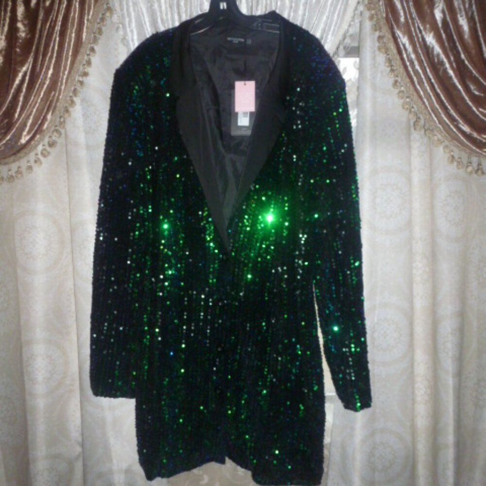 Sequin Long Sleeve Blazer Dress in Emerald Green